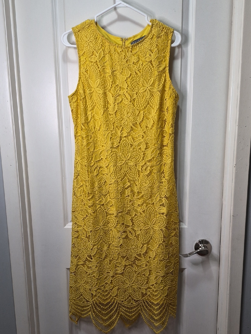 Sharagano Sleeveless Yellow Lace Midi Dress